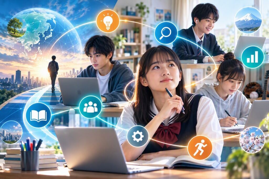 パソコンに向かい、考えながら学ぶ中高生のイメージ