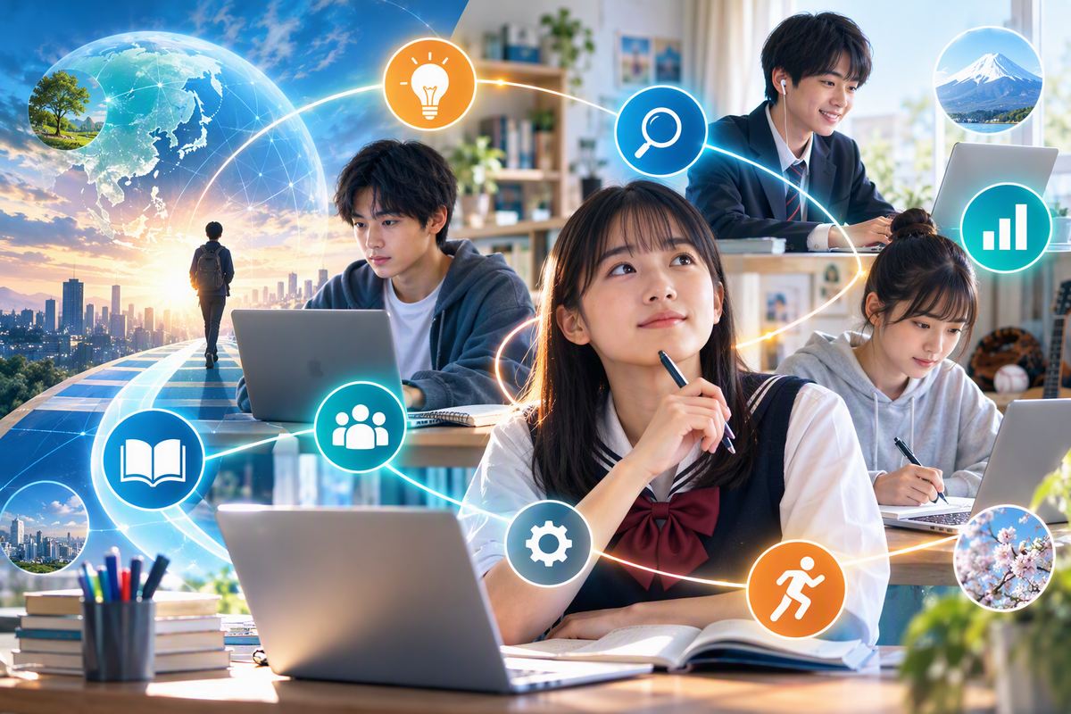 パソコンに向かい、考えながら学ぶ中高生のイメージ